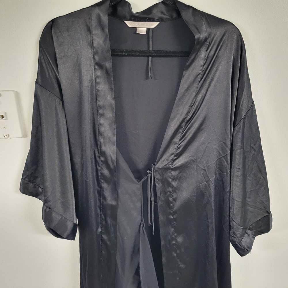 Victorias Secret Black Satin Kimono Robe M/L Short Sleepwear Loungewear